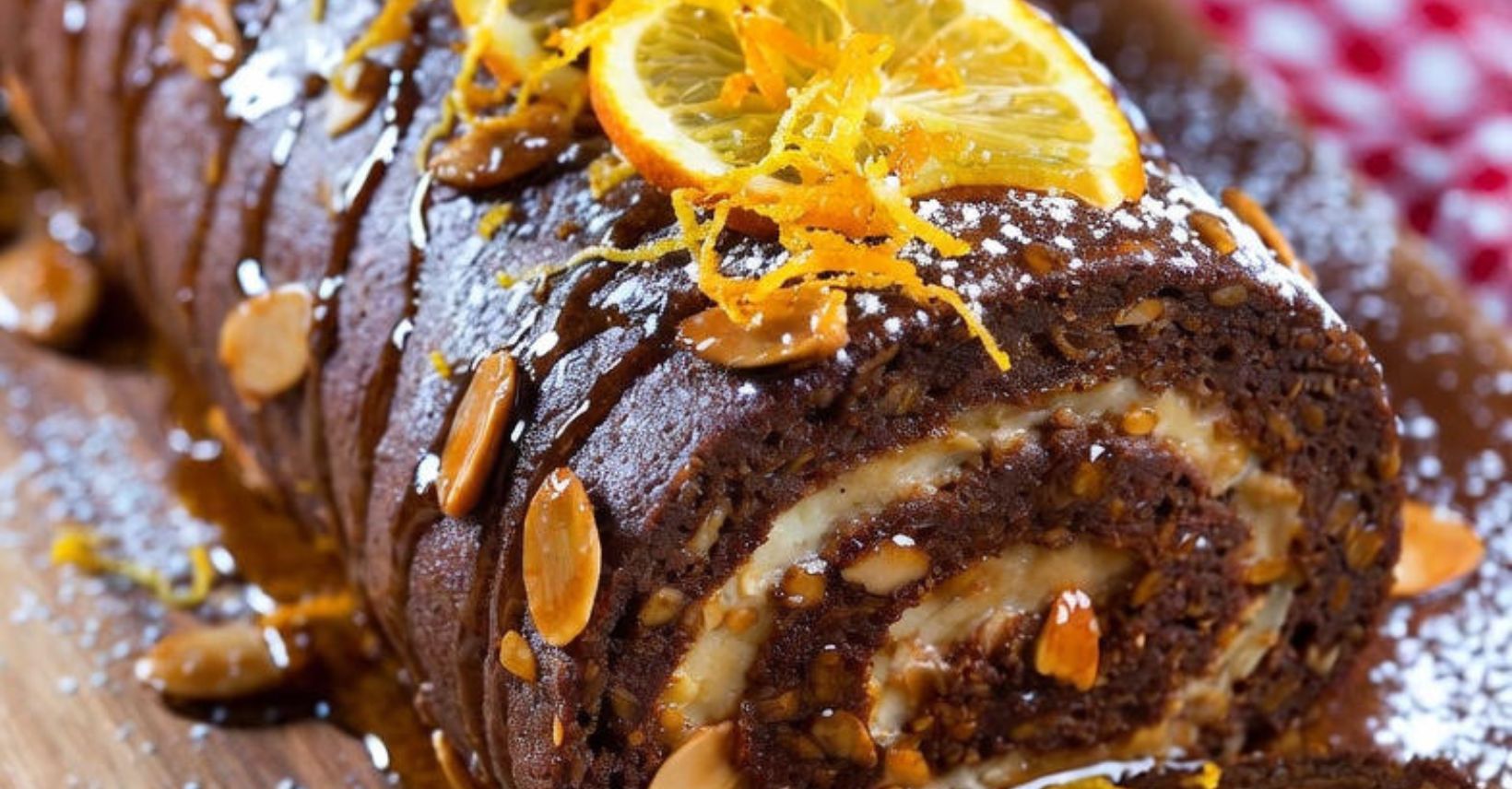 Bûche de Noël roulée aux agrumes et amandes caramélisées sans sucre ajouté, version diabète-friendly et low-carb, décorée de zestes d’orange frais et d’amandes caramélisées à l’érythritol, parfaite pour les fêtes de fin d’année