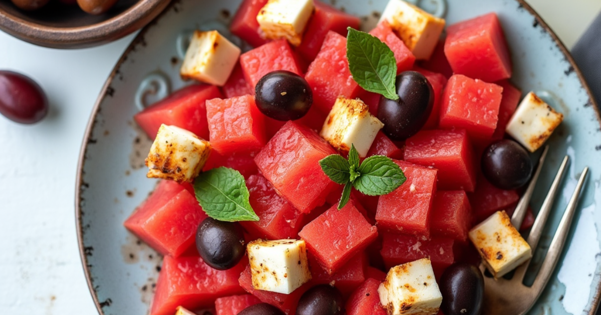 Salade de pastèque, halloumi grillé et olives noires