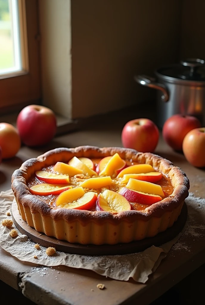 Tarte aux Pommes Normande diabétique avec appareil au fromage blanc et miel d'acacia - Recette traditionnelle revisitée - Pommes en rosace sur croûte dorée