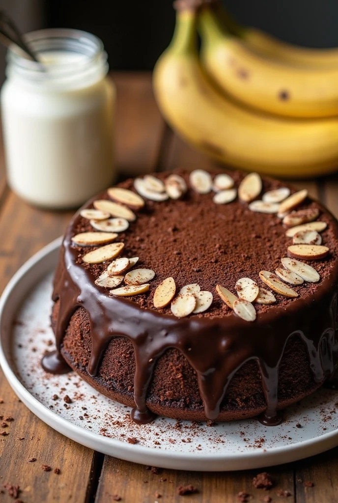 gâteau au chocolat IG bas avec bananes et yaourt grec en arrière-plan