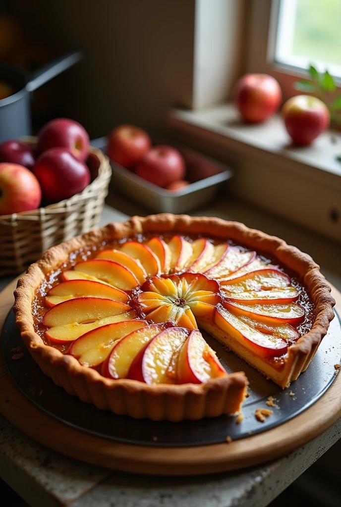 Tarte aux Pommes Normande diabétique avec appareil au fromage blanc et miel d'acacia - Recette traditionnelle revisitée - Pommes en rosace sur croûte dorée