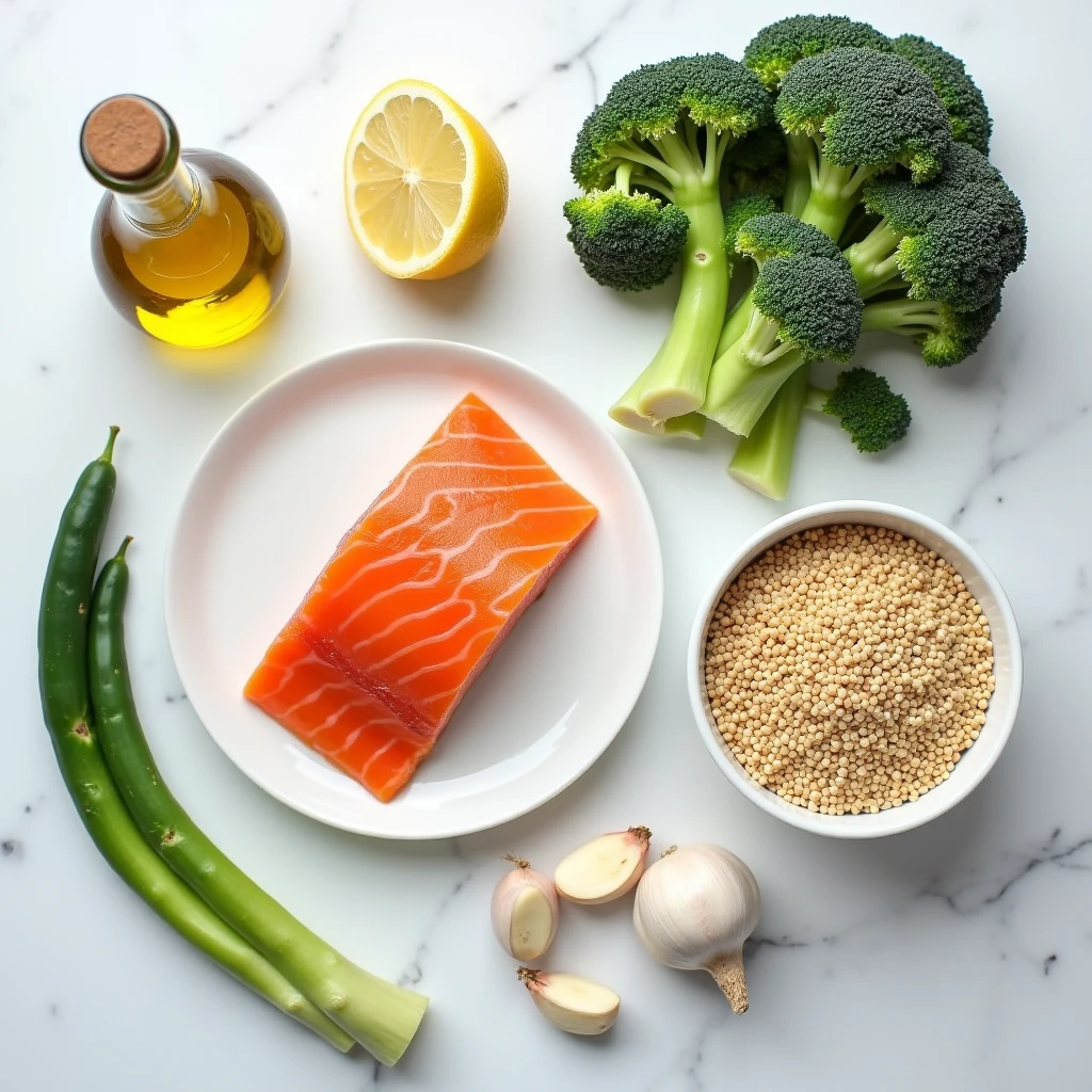 Ingrédients pour recette diabétique rapide : saumon, quinoa, brocolis, citron et huile d'olive Ingrédients pour recette diabétique rapide : saumon, quinoa, brocolis, citron et huile d'olive