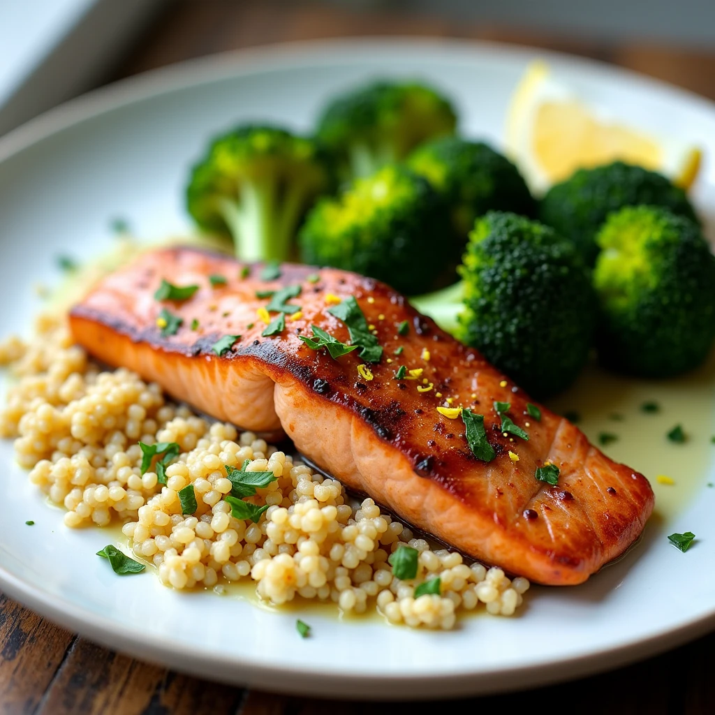 Recette IG bas rapide pour diabétiques recette IG bas rapide et facile pour diabétiques : saumon grillé, quinoa et brocolis sur assiette blanche