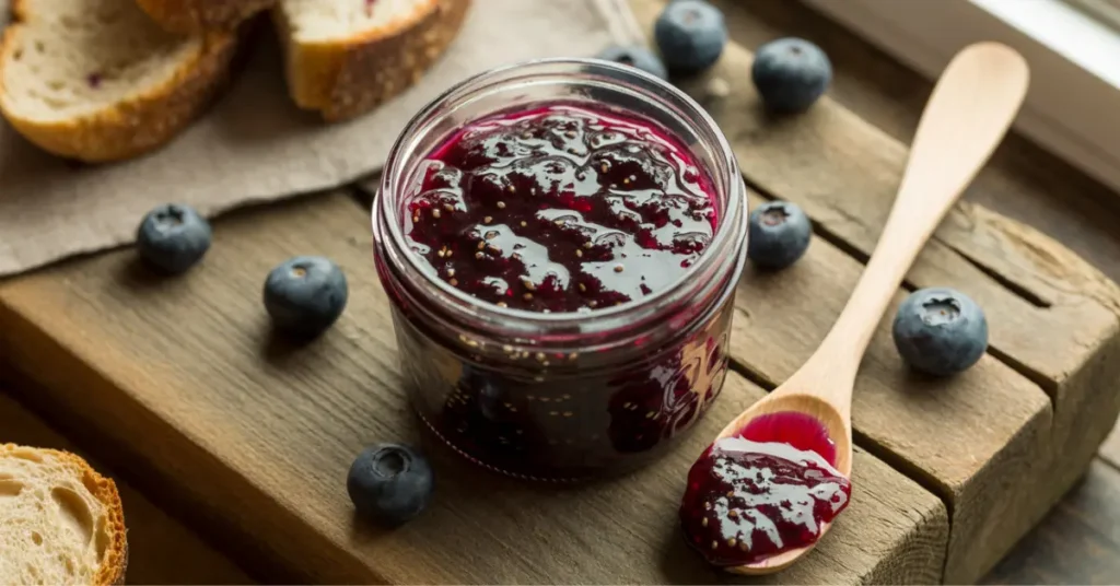 Confiture de myrtilles sans sucre aux graines de chia dans un pot en verre — recette IG bas pour diabétiques