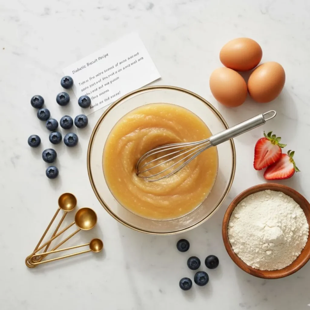 Ingrédients pour biscuits diabétique recette - œufs, compote pommes, amandes, fruits frais disposés sur marbre blanc