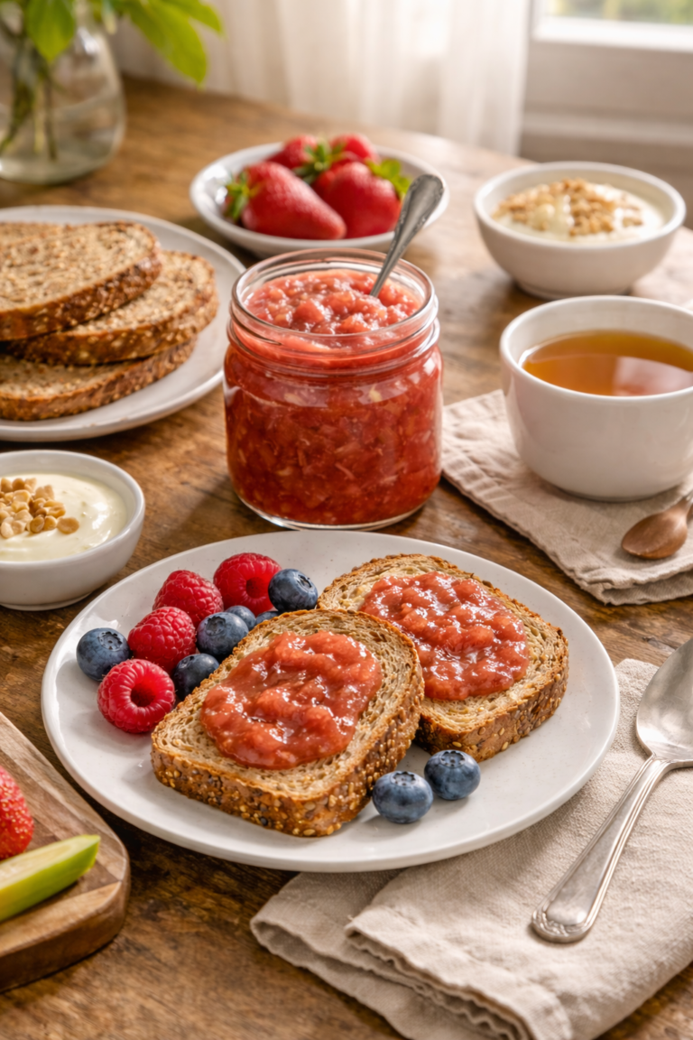Confiture de rhubarbe sans sucre dans un petit-déjeuner pour diabétique