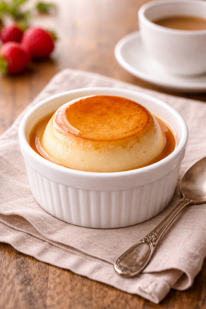 Flan sans sucre pour diabétique dans un moule blanc, texture crémeuse et onctueuse, préparé avec lait écrémé et édulcorant naturel