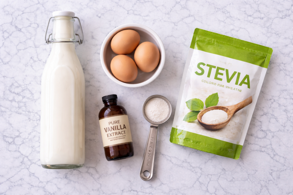 Ingrédients pour flan sans sucre disposés sur marbre : lait écrémé, trois œufs, édulcorant stévia et extrait de vanille