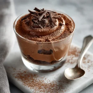 Mousse au chocolat IG bas dans un ramequin en verre avec poudre de cacao