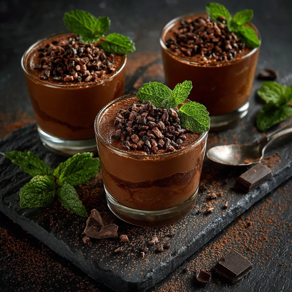 Trois mousses chocolat IG bas en verres transparents sur ardoise avec éclats de cacao