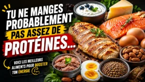 Aliments riches en protéines comme le poulet, le saumon, les œufs, les amandes et les lentilles pour booster l’énergie et la satiété.