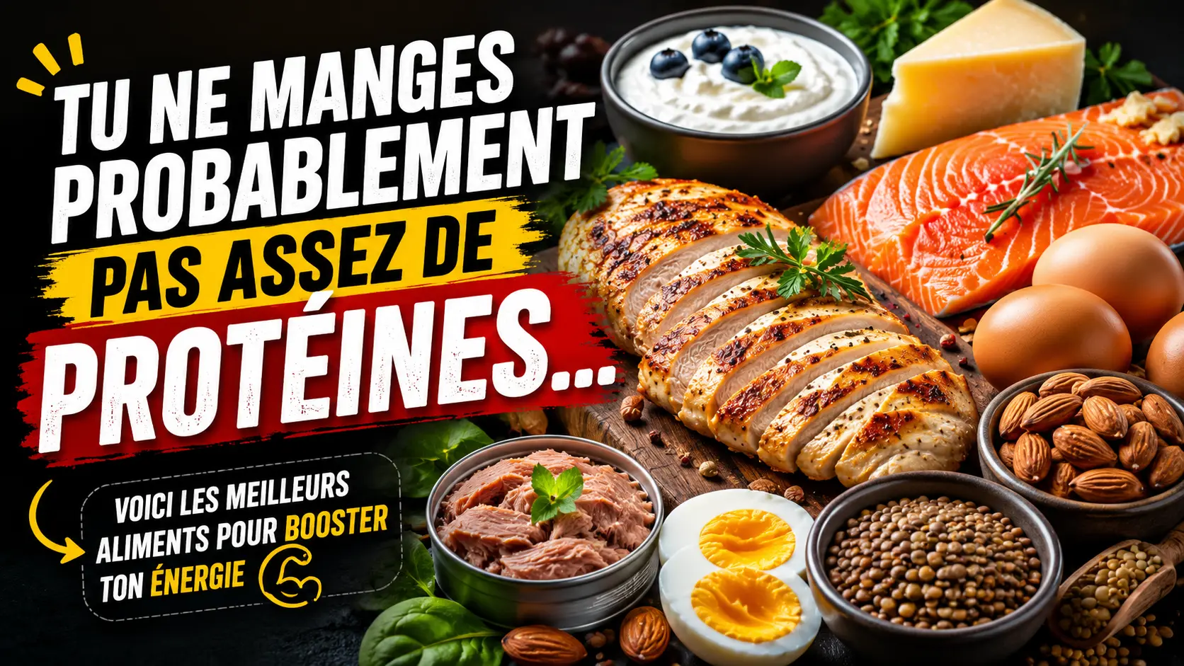 Aliments riches en protéines comme le poulet, le saumon, les œufs, les amandes et les lentilles pour booster l’énergie et la satiété.